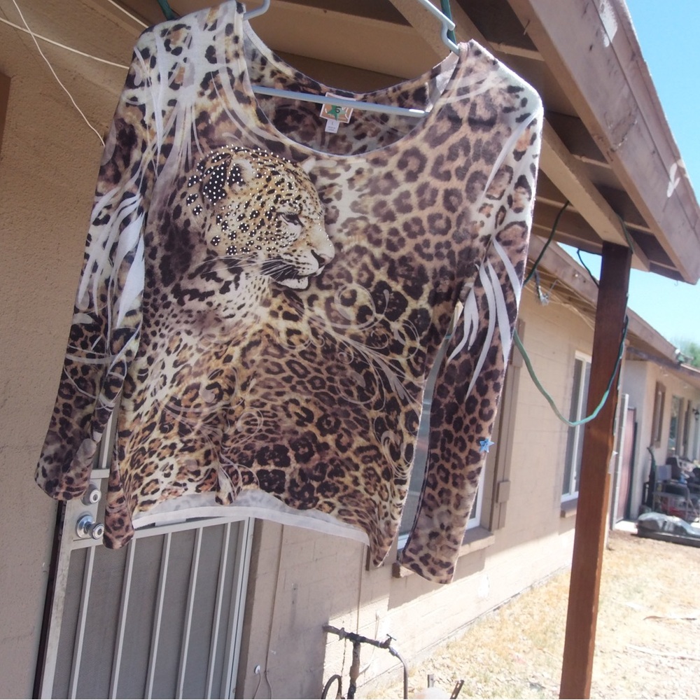 Y2K Leopard Print Long Sleeve Top with Big Cat Graphic